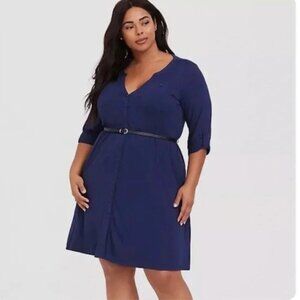 Torrid Jersey Knit Shirt Dress Blue Button Front 3/4 Sleeves Knee Size 1X